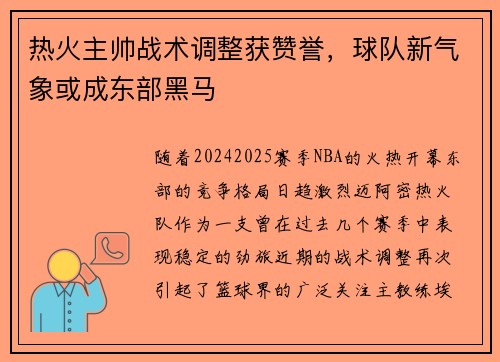 热火主帅战术调整获赞誉，球队新气象或成东部黑马